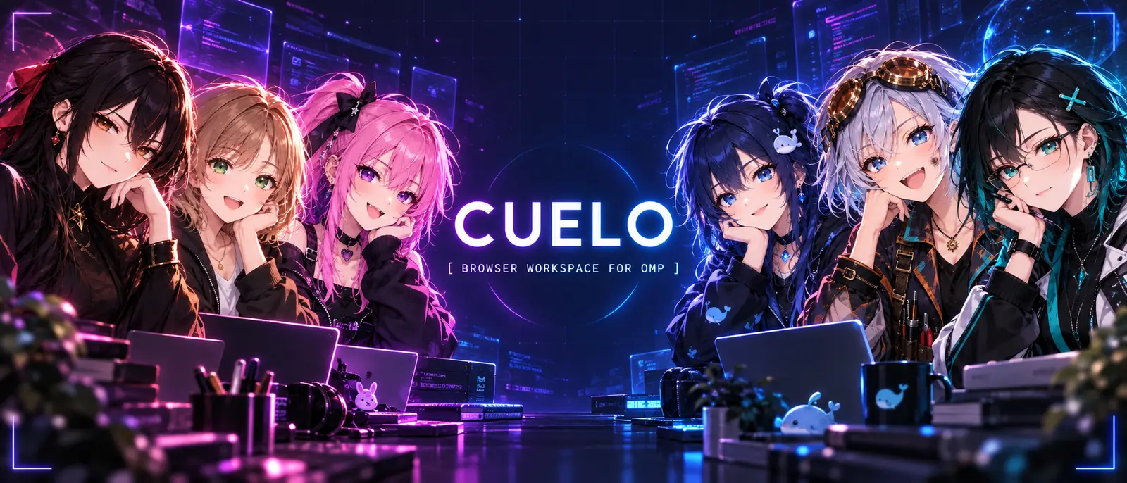 The CUELO wordmark between six anime-style characters working at laptops: RIN, MIO, YUKI, ISANA, NOVA and SHION.